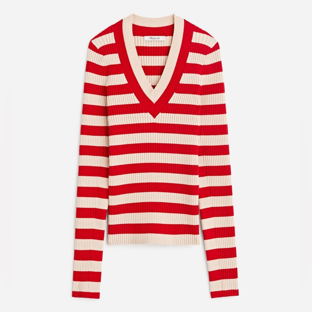EUC Madewell NT749 Red and Cream v-neck ribbed stripe Sweater S Seam Separated